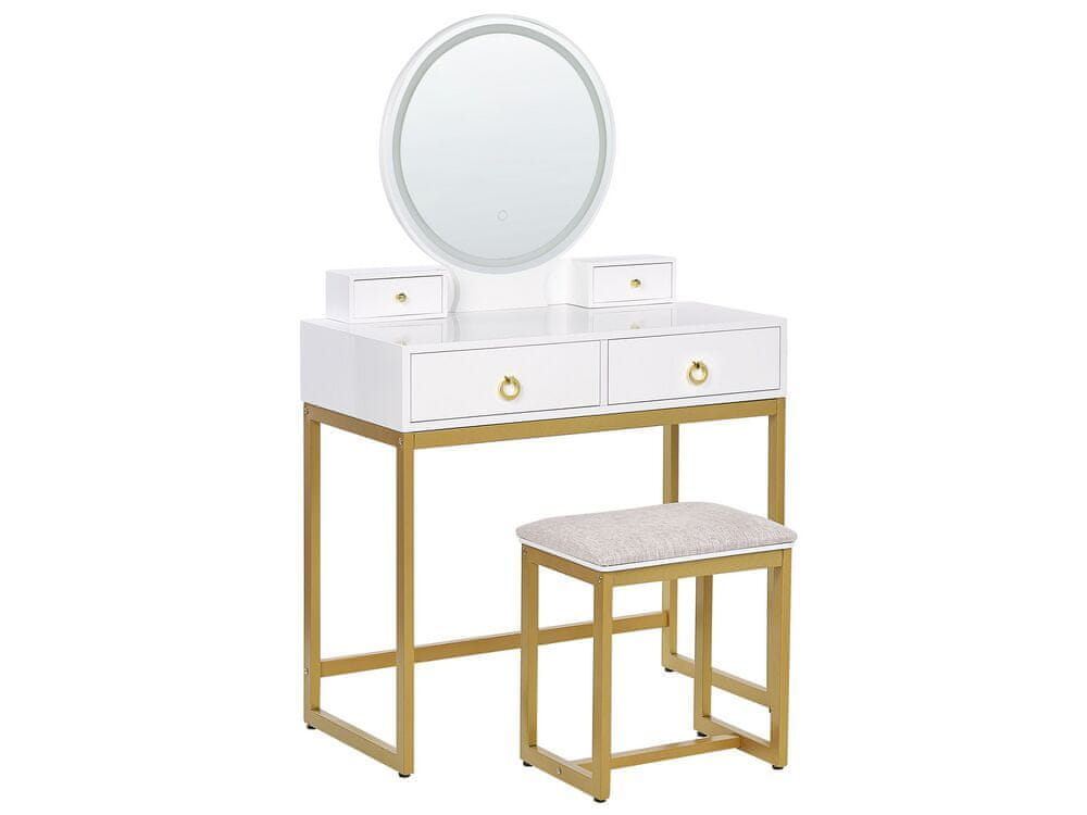 Beliani Toaletný stolík so 4 zásuvkami a LED zrkadlom biela/zlatá AUXON